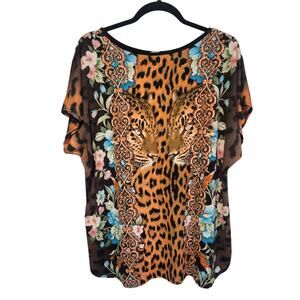 Silky Double Leopard Art Print Floral SS T Shirt‎ Festival Career Travel Whimsy